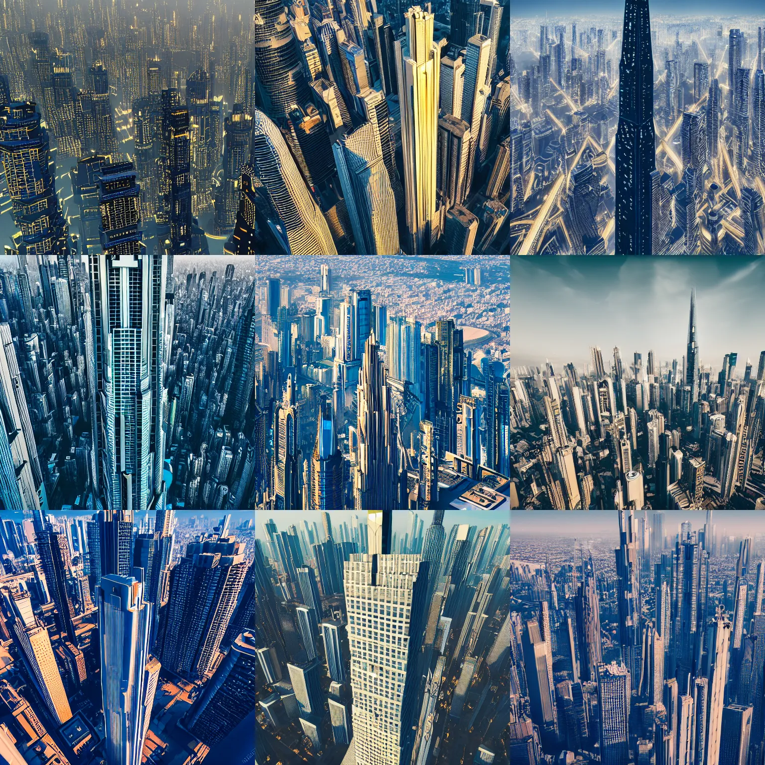 Prompt: detailed aerial photo of a white and gold cyberpunk Art Deco skyscraper towering high above the city, 4K