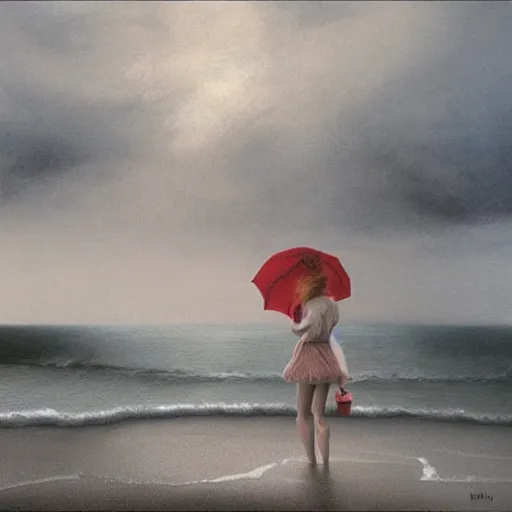 Image similar to Elle Fanning at night, stormy weather, beach, extremely detailed masterpiece, illustration, by Michael Sowa,