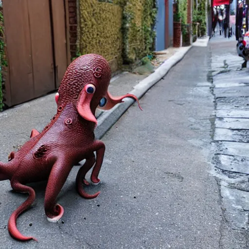 Prompt: fully clothed octopus dog walking down an alley