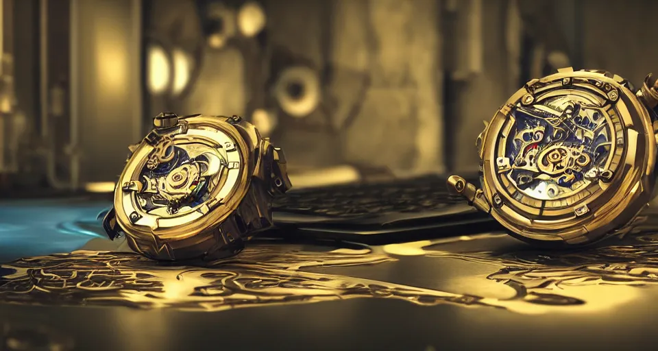 Image similar to complex 3 d render of a futuristic steampunk watch lying on a table, high detail, sharp focus, glowing blue interior components, intricate detail, depth of field, bokeh, cinematic lighting and composition, octane render, film grain, bulgari