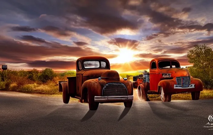 Image similar to A beautiful colorful evening scene of route66, old road with abandoned gas station and rusty old pickup truck, hyper realistic, blinding backlight evening sun, sparkling sun rays, epic scene, intense setting, evening vibe