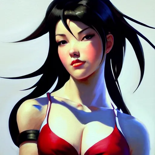 Image similar to Greg Manchess portrait painting o Tifa Lockheart as Overwatch character, medium shot, asymmetrical, profile picture, Organic Painting, sunny day, Matte Painting, bold shapes, hard edges, street art, trending on artstation, by Huang Guangjian and Gil Elvgren and Sachin Teng