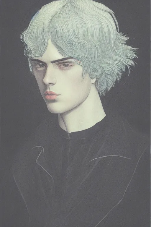 Prompt: portrait of beautiful young gothic man with read hair, cyberpunk, the middle ages, highly detailed, artstation, illustration, art by rene magritte