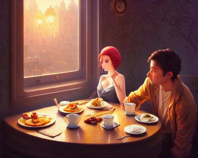 Image similar to photography of breakfast at tiffany's, different snap shots of the movie, intricate, elegant, highly detailed, digital painting, artstation, matte, illustration, art by artgerm, greg rutkowski, loish, rhads, ferdinand knab, makoto shinkai, lois van baarle, ilya kuvshinov, rossdraws, tom bagshaw