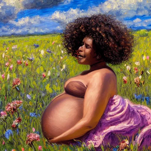 Image similar to pregnant east african woman with curly hair in a vast field of flowers with a tiny black puppy, laying down, looking into the distance, golden hour, vintage, impressionist painting, fine art, oil painting, dreamy, pastel, laughing, happy, intricate details, sharp, peaceful, serene