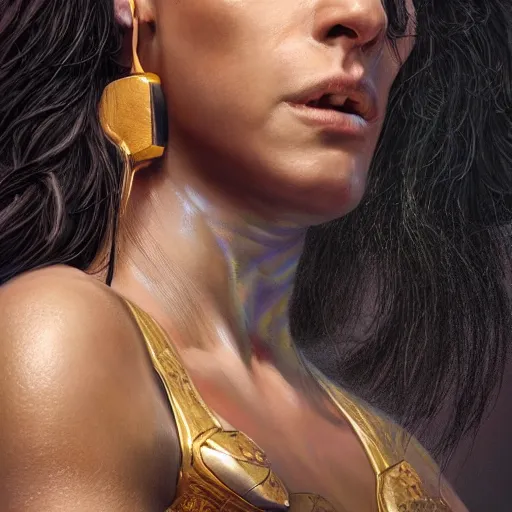 Image similar to portrait of tall hyper - muscular bronze - skinned warrior woman with long flowing black hair and big gold earrings, volumetric lighting, dynamic composition, art by sachin teng and sergey kolesov and ruan jia and heng z, scifi, hyper detailed, ultra realistic, sharp focus, wildlife photography, national geographic, octane render, concept art