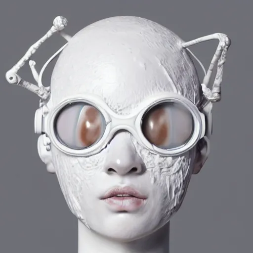 Prompt: full head and shoulders, beautiful female porcelain sculpture with melting white paint 3 d cyborg elements, white prosthetic eyes, 3 d goggles, smooth, all white features on a white background, delicate facial features, white eyes, white lashes, detailed white liquid, anatomical by daniel arsham and james jean