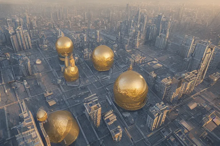 Image similar to dystopian russian cityscapes, golden domes, 8k, hyperrealistic, ultra sharp, octane render, unreal engine, light breaks through the roofs, artstation, very detailed, 16k, cinematic scenery,