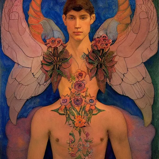 Image similar to the flower prince, by Annie Swynnerton and Nicholas Roerich and Diego Rivera, bioluminescent skin, floral tattoos, wings made out of flowers, elaborate costume, geometric ornament, symbolist, smooth, sharp focus, extremely detailed