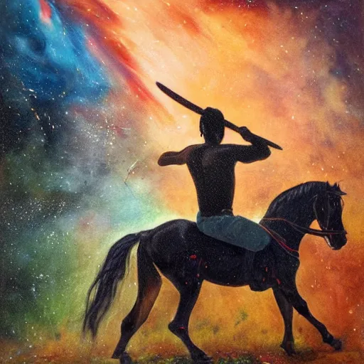 Image similar to portrait of head and body, single bangla farmer fighting on hoseback, hand to hand combat with machete, wielding machete, full body view, long flowing hair, fighting for his life, nebula aura surrounding subject, horseback combat attacker foreground, background of invading army, nestor canavarro hyperrealist art style, sharp outlines