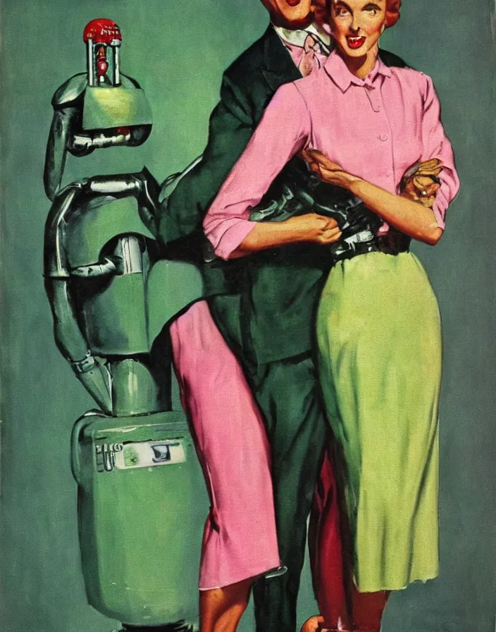 Prompt: a female housewife!!!! being hugged by a metal robot!!!! in a suit!!!, 1 9 5 0 s horror film movie poster style, ( norman rockwell oil painting ), close - up shot, profile shot, retro science fiction, vintage, saturated pink and green lighting, shadowy lighting