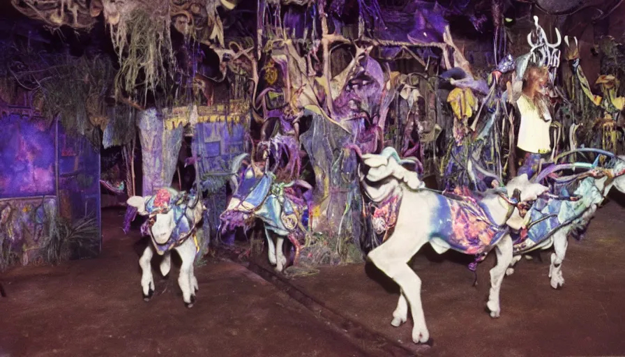 Prompt: 1980s photo of inside the Magic goats haunted house ride at Disney World in Orlando, Florida, children riding on robotic goats through a haunted house, cinematic, UHD