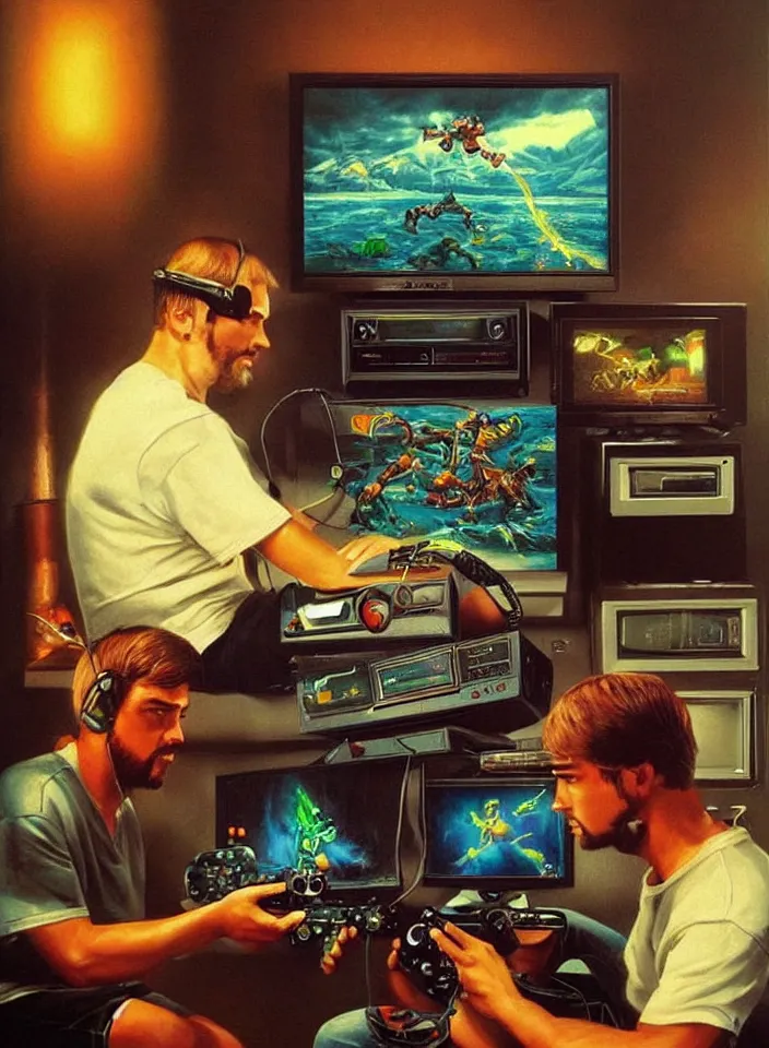 Prompt: Men playing video games on CRT television using Atari joysticks. Painting by Carvaggio. Intricate details. hyper realism. Masterpiece.