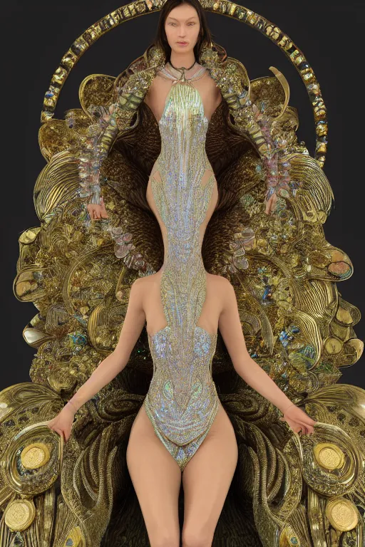 Image similar to a highly detailed metahuman 4 k render photo of an alien goddess bella hadid in iris van herpen dress schiaparelli in diamonds swarovski and jewelry in style of alphonse mucha gustav klimt trending on artstation made in unreal engine 4