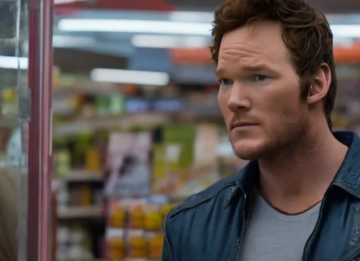 Image similar to film still of star - lord played by chris pratt shopping in a supermarket in the new guardians of the galaxy movie, 4 k, 8 k, photorealistic, highly detailed face and eyes