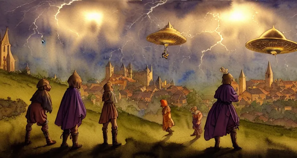 Image similar to a hyperrealist watercolor concept art of an elegant golden ufo in the sky above a small medieval town during a thunderstorm. one dirty medieval peasant child is in the foreground pointing up at the sky. very muted colors, by rebecca guay, michael kaluta, charles vess. high detail, hq, wide shot, 4 k