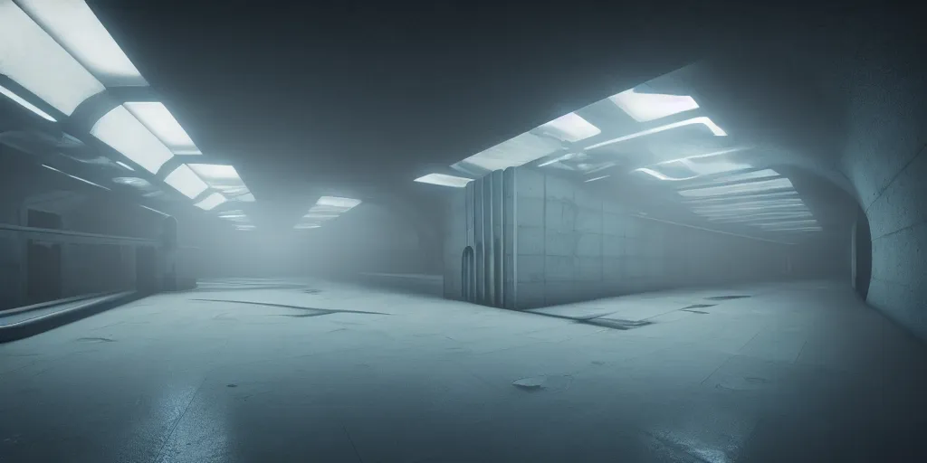 Prompt: underground tunnel, brutalist architecture, sterile, iridescent mist, futuristic hazmats, unknown location, light and shadows, light refraction, 4k, cinematic, unreal engine, concept art