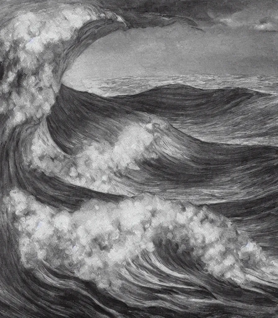 Image similar to an impasto oil painting of one single beautiful hawaiian wave painted by albrecht durer, monochromatic color scheme, high detail, breathtaking wave, lineart, line art, soft colors, simplicity