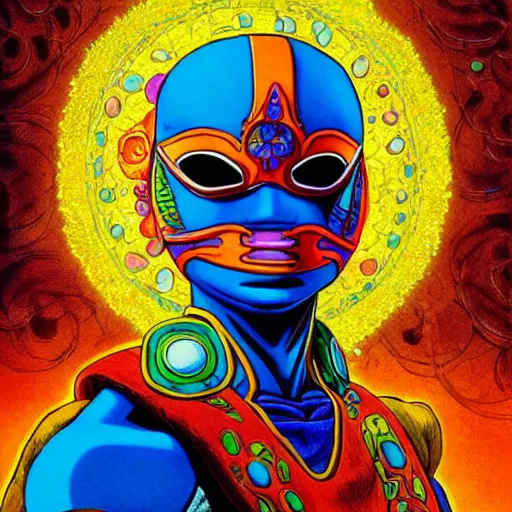 Image similar to beautiful portrait of the colorful masked figure, vivid colors, intricate, highly detailed, masterful, fantasy world, sci fi world, in the style of moebius, akira toriyama, jean giraud