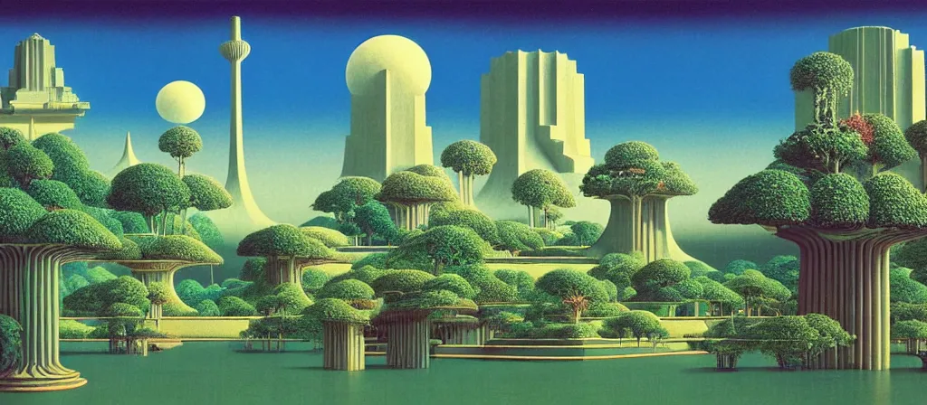 Image similar to huge gargantuan angular dimension of pagoda liminal spaces, temples by escher and ricardo bofill. utopian singaporean landscape by roger dean. magical realism, surrealism, lush sakura trees, waterfalls, thunder, lightning, vaporwave, trending on artstation, shot from below, epic scale