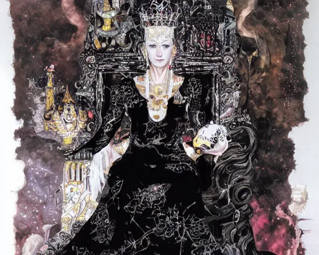 Image similar to an illustration of a queen wearing a beautiful black dress on a stone throne by yoshitaka amano, by katsuhiro otomo realistic, detailed, oil painting