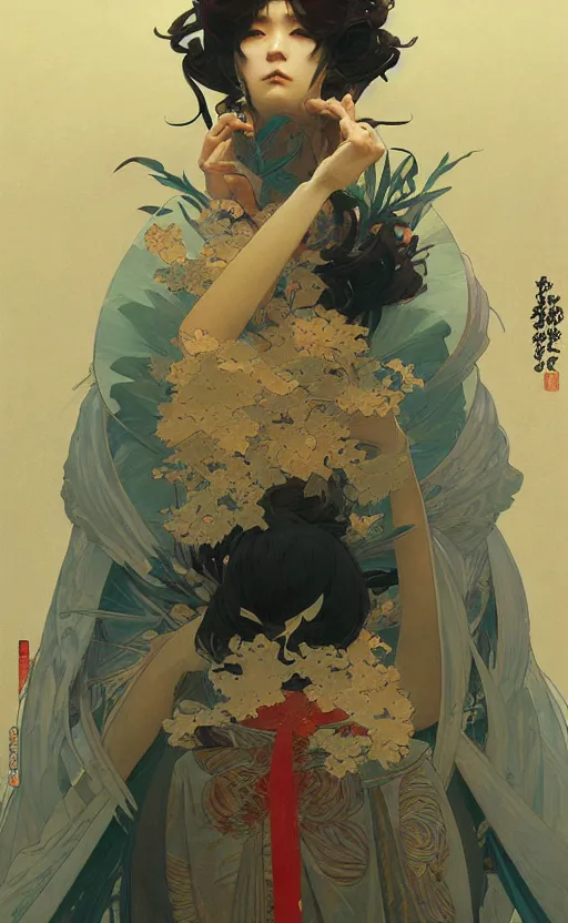 Image similar to personification of japan, highly detailed, digital painting, artstation, concept art, sharp focus, illustration, art by greg rutkowski and alphonse mucha