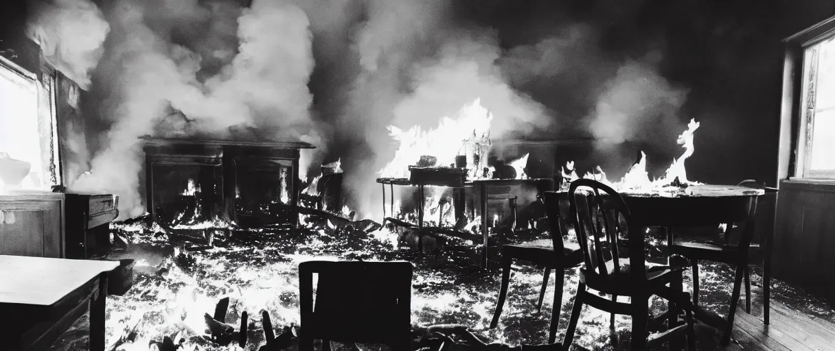 Image similar to a photograph of a big fire on a dining room on fire, only remains a wooden table and a chair (no fire at all there), an human-like relaxed dog sitting at this table, ☕ on the table, surrounded by flames, a lot of flames behind the dog, black smoke instead of the ceiling, no watermark