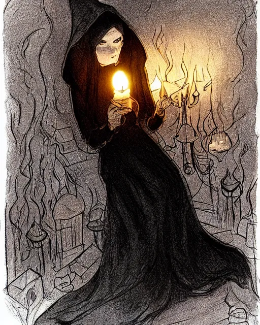 Image similar to a mystical witch in a black shawl, surrounded by floating lit red candles in an underground lair. by abigail larson