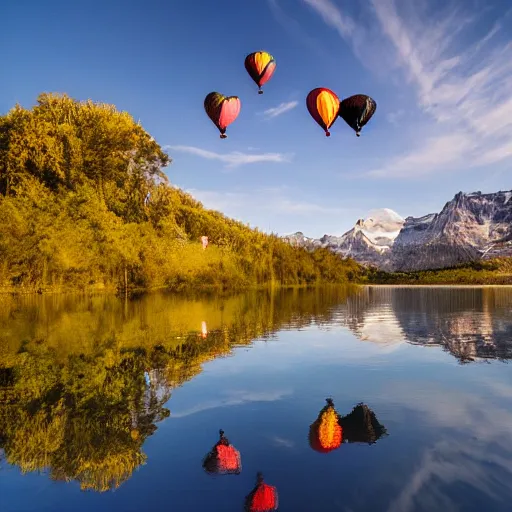 Image similar to photo of two black swans touching heads in a beautiful reflective mountain lake, a colorful hot air balloon is flying above reflecting off water, hot air balloon, intricate, 8k highly professionally detailed, centered, HDR, CGsociety