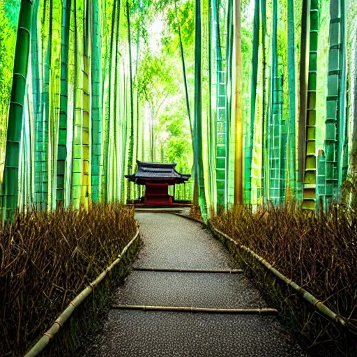 Image similar to photo of a small Japanese temple hidden in a bamboo forest, cinematic, light rays, beautiful, 8k,