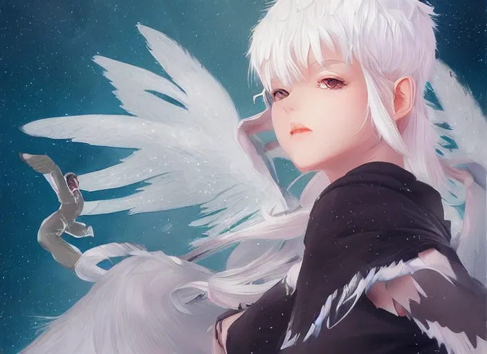 Prompt: angel neko cat girl woman with white hair comes down from heaven and lends a hand, maximalist, art by ilya kuvshinov, rossdraws, sharp focus, art by wlop and artgerm, extreme detail, hyper detailed drawing, profile photo