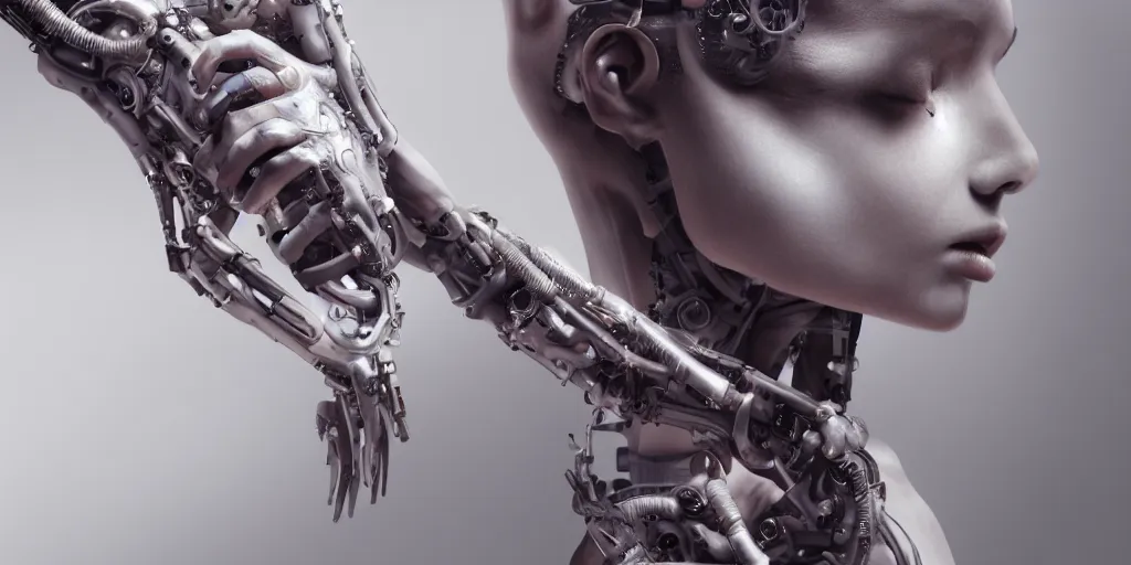 Image similar to hyperrealistic photography of a stunningly beautiful cyborg female, mechanical elbow, plated arm, intimate, holding hands, in the style of beth cavener, jin kagetsu,, and wlop, highly detailed, intricate, face symmetry, masterpiece, award - winning, sharp focus, concept art, high key, ambient lighting, 8 k, octane render, artstation
