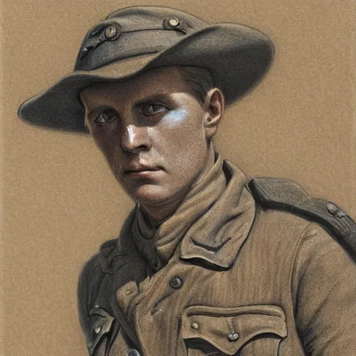 Image similar to a detailed photorealistic sepia - toned color line drawing of a 1 9 1 7 worried clean - shaven british lieutenant in detailed field gear not wearing a hat in wadi rum, ultra realistic, painted, intricate details, lovecraft, atmospheric, dark, horror, brooding, highly detailed, by clyde caldwell