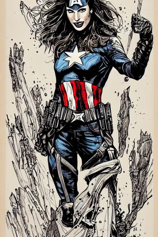 Image similar to beautiful portrait commission of a beautiful Gal Gadot as captain america in a vintage gothic style. character design by ralph steadman, detailed, inked, western comic book art