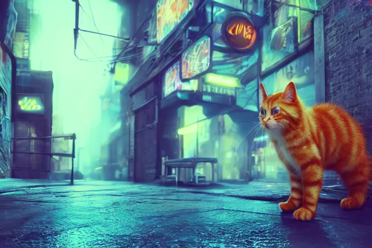 Image similar to ginger cat in the alley, neon lighting, rendered in unreal engine, trending on artstation, cyberpunk