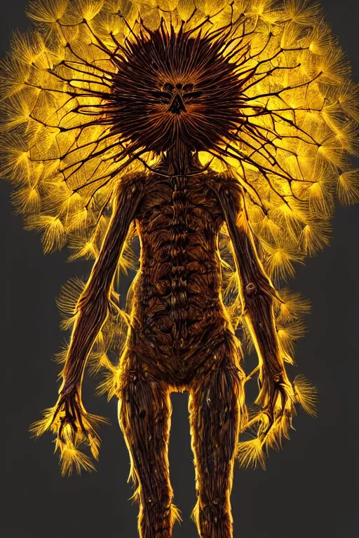 Prompt: glowing dandelion humanoid figure monster, symmetrical, highly detailed, digital art, sharp focus, trending on art station, amber eyes, autumnal colours