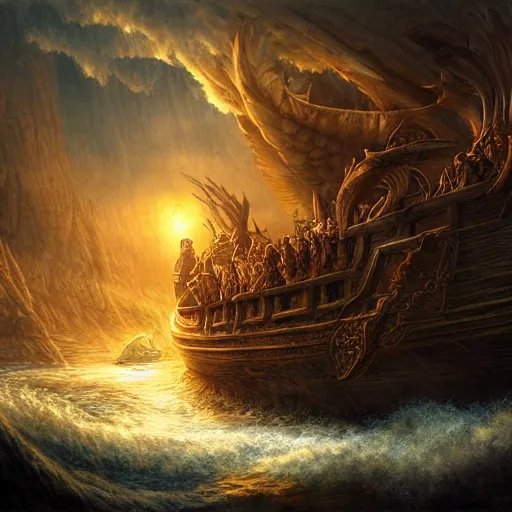 Prompt: noah's ark, centered in picture, epic fantasy, detailed, intricate, digital painting, concept art, realistic, smooth, focus, rim light