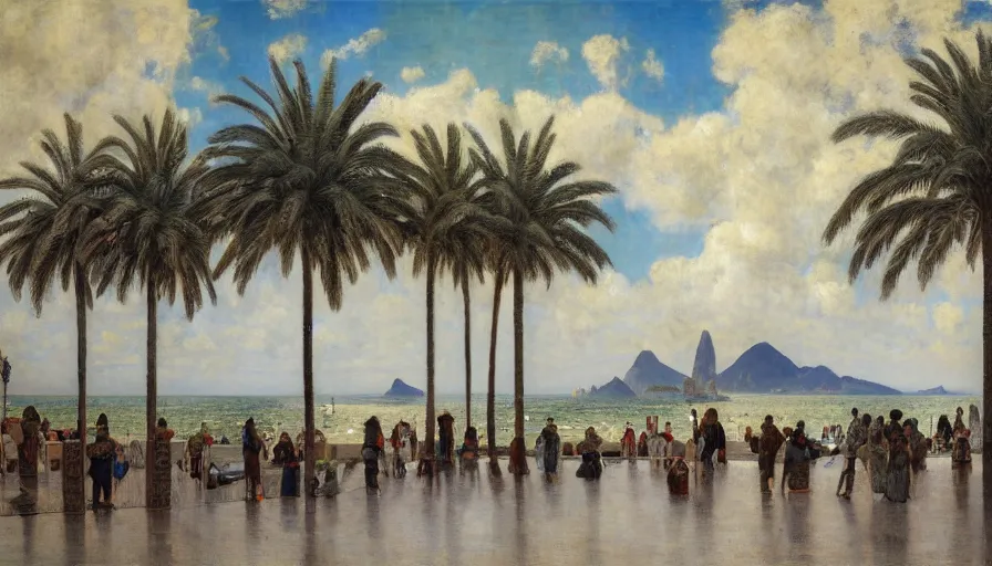 Prompt: a ultradetailed beautiful painting of the thunder sky of the rio de janeiro palace balustrade designed by jules bastien - lepage, tarsila do amaral, frank weston and gustave baumann, beach, trending on artstation, mediterranean, palm trees, sharp focus, giant greek columns, soft light, 8 k 4 k