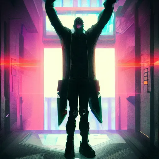Image similar to cyberpunk cool happy man raising arms, concept art, artstation