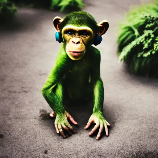 Prompt: a photo of a green chimp wearing headphones