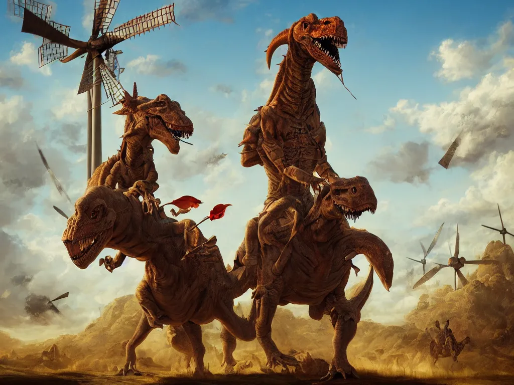 Prompt: portrait of a don quixote riding a dinosaur attacks a windmill, digital art, highly detailed, stunning scene, 4 k, realism, bright colors, trending on artstation