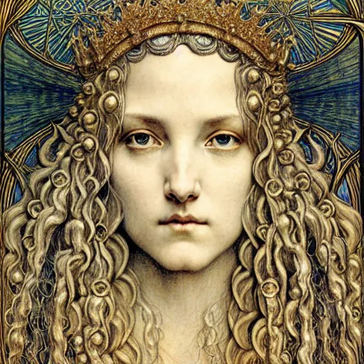 Prompt: detailed realistic beautiful young medieval queen face portrait by jean delville, gustave dore, ernst haeckel and marco mazzoni, art nouveau, symbolist, visionary, gothic, pre - raphaelite. horizontal symmetry