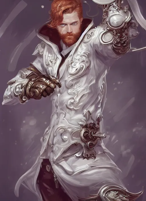 Image similar to a highly detailed illustration of short ginger haired man wearing white suit, dramatic holding ornate mechanical cane pose, intricate, elegant, highly detailed, centered, digital painting, artstation, concept art, smooth, sharp focus, league of legends concept art, WLOP