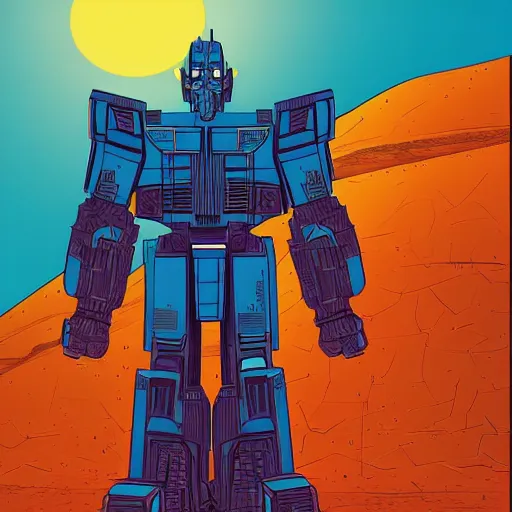 Image similar to optimus prime standing in the desert by kilian eng