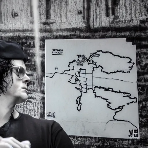 Image similar to jack white spraying graffiti over a map of yugoslavia