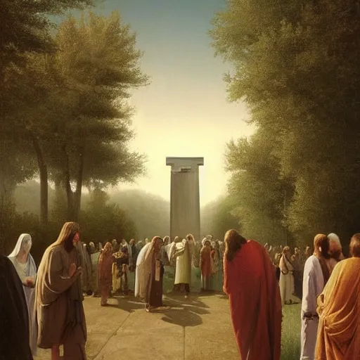 Prompt: A painting depicting the resurrection of Jesus Christ, (Jean Jules Linden), Peter Ilsted, (flowers), monolith, (((Unreal Engine))), Religious painting, pedestrians, Wayne!!! Barlow!!!