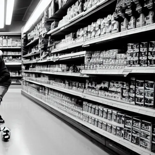 Prompt: A photograph of a guy on a skateboard grinding over the checkout aisle at a Lowe's