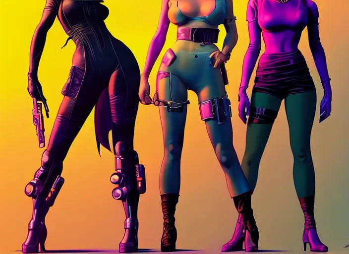 Image similar to cyberpunk femme fatale gang. portrait by stonehouse and mœbius and will eisner and gil elvgren and pixar. character design. realistic proportions. cyberpunk 2 0 7 7 character art, blade runner 2 0 4 9 concept art. cel shading. attractive face. thick lines. the team. diverse characters. artstationhq.