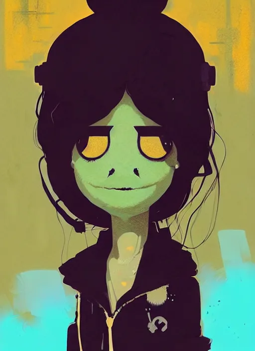 Image similar to highly detailed portrait of a moody sewerpunk young adult muppet lady by atey ghailan, by greg rutkowski, by greg, tocchini, by james gilleard, by joe fenton, by kaethe butcher, gradient yellow, black, brown and cyan color scheme, grunge aesthetic!!! ( ( graffiti tag city background ) )