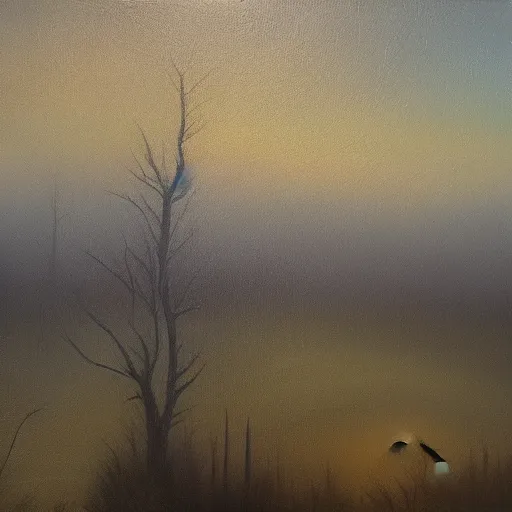 Image similar to will o'the wisp over a foggy swamp at twilight, very textured, highly detailed, oil painting